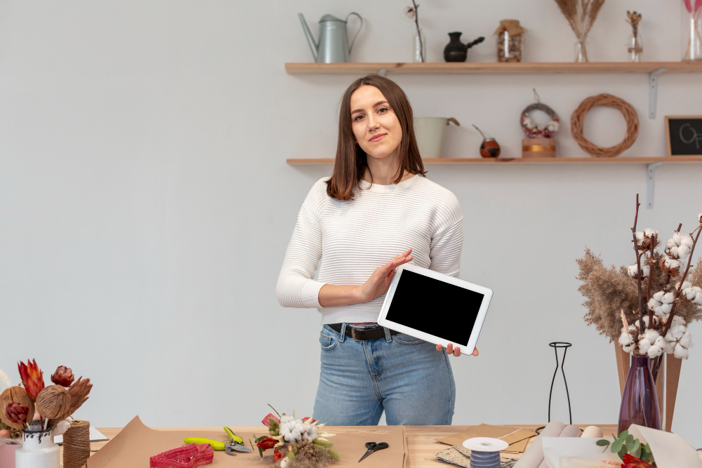 woman showing a tablet