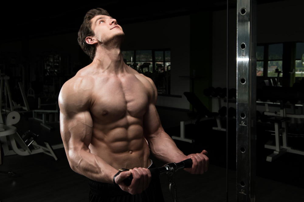 Strong shirtless man at the gym