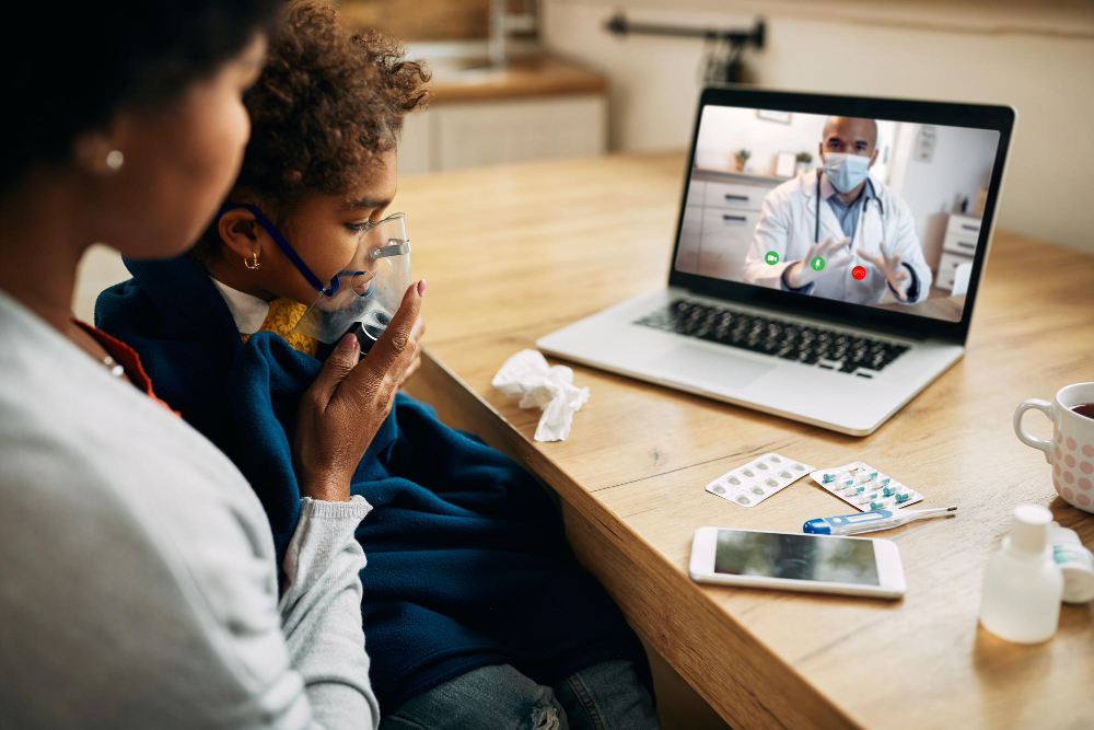 mom and child having tele-health primary care online consultation